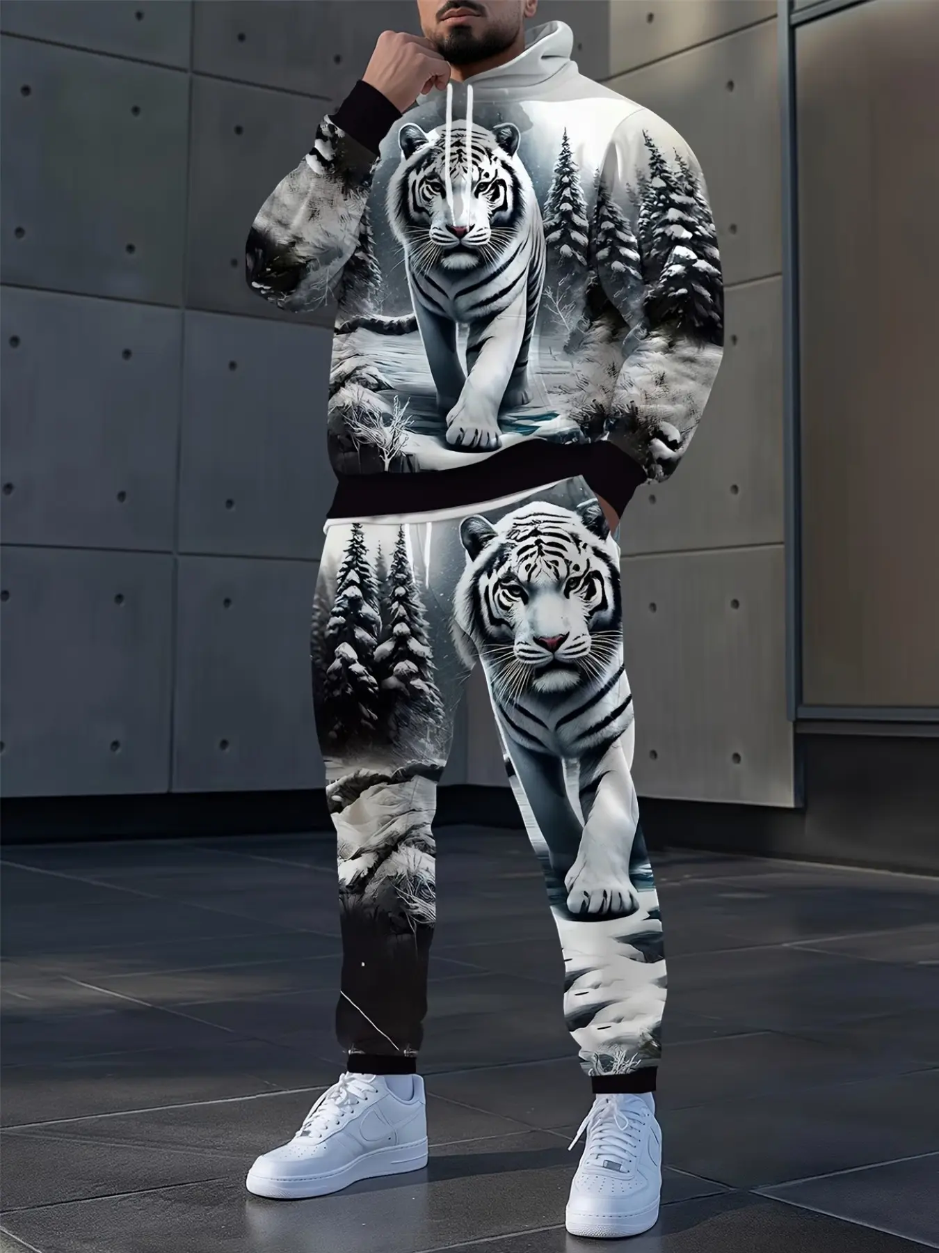 Men's Hooded Sweatshirt Set, Tiger All over Print, Casual Long Sleeve Hoodie + Drawstring Pants, Loose-Fitting, All Seasons
