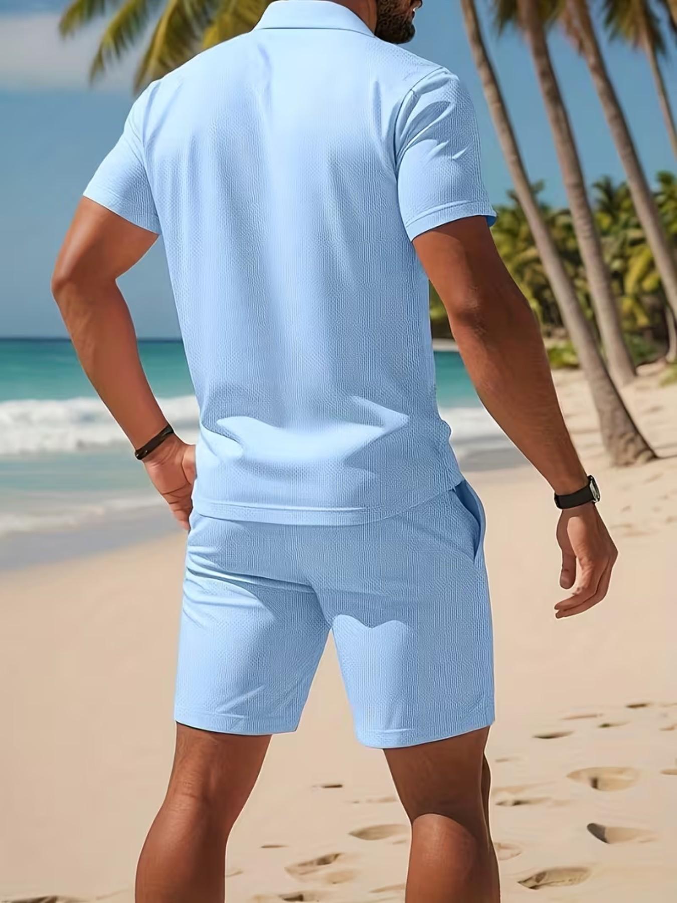 Men's Summer Polo Shirt Set, Sailboat Print Top with Pockets, Loose-Fit Mesh Shorts, Ideal for Beach, Golf, and Casual Wear