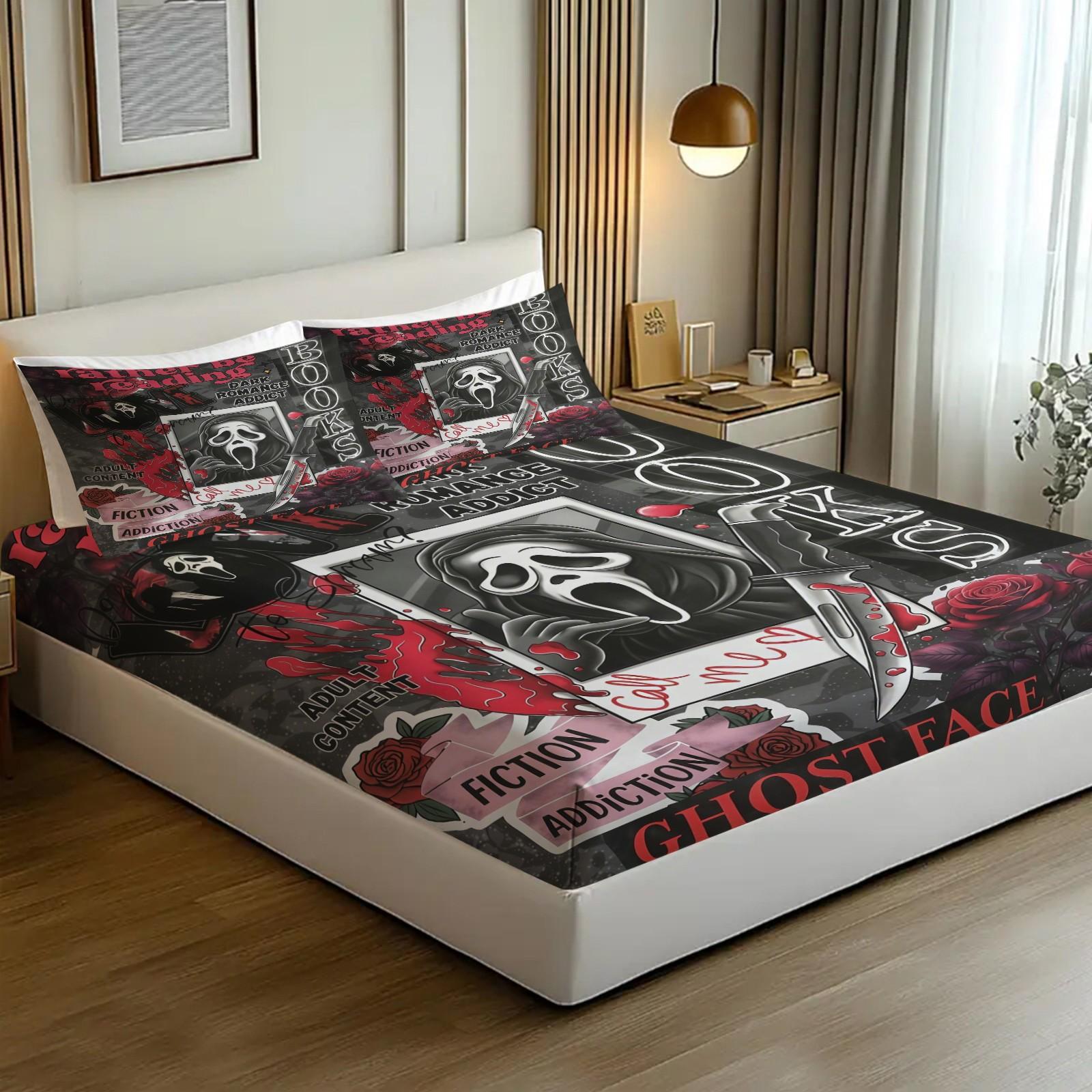 3 Piece Scream Ghostface Fitted Sheet Set, 1 Fitted Sheet + 2 Pillowcases, Dark Romance Horror Movie Bedding, Spooky Bedroom Decor for Halloween, Graduation & Adult Ceremony, Perfect Gift for Movie Fans & Book Lovers