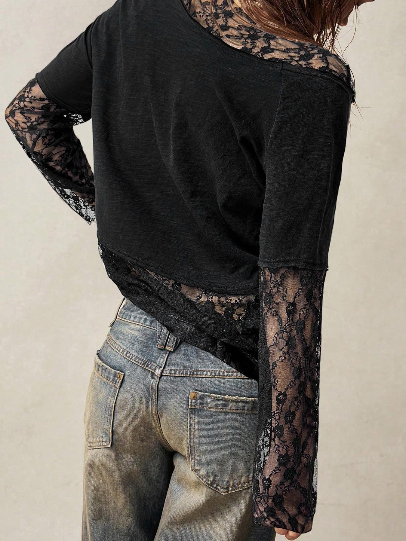 Chic  Off-Shoulder Sheer Lace Blouse - Long Sleeve Oversized Mesh Top Shirts for Daily Casual Party Outfitsy