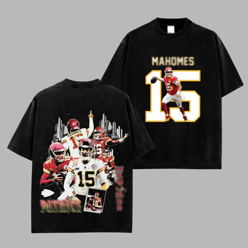[RedZoneStyle] Patrick Lavon Mahomes 15 Crew Neck Print T-Shirt - Men's 100% Heavyweight Cotton Black Round Vacancy Design Fashionable Casual Unisex Retro Streetwear, Game Day Outfits, Gift For Football Fans (Pairs With Joggers/Sneakers)