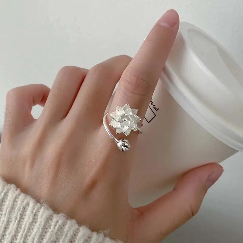 New Fashion Silver Color Lotus Flower Open Rings For Women Girl Elegant Ethnic Flower Open Adjustable Ring Jewelry Gifts