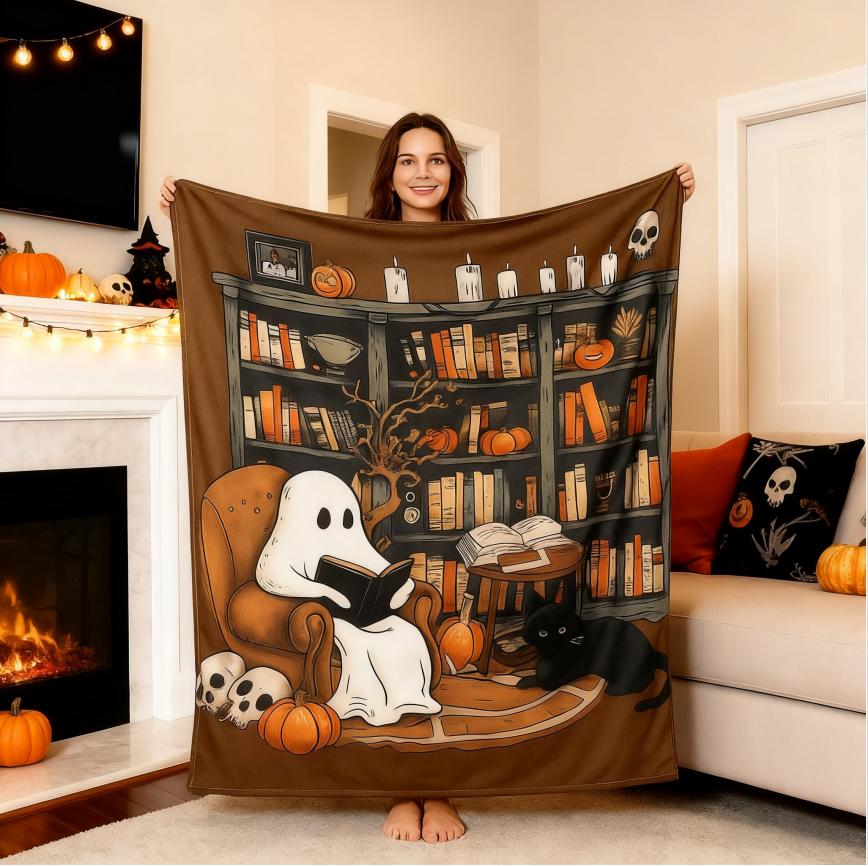 Clearance Sale Halloween Cute Ghost Throw Blanket with Bookshef Design Soft Cozy Blanket for Fall Reading Nook Autumn Winter Decor for Couch Sofa Bedroom Office Home Spooky Blanket Boo Basket Gift for Women Men Wife Book Lovers Outdoor Halloween Decor