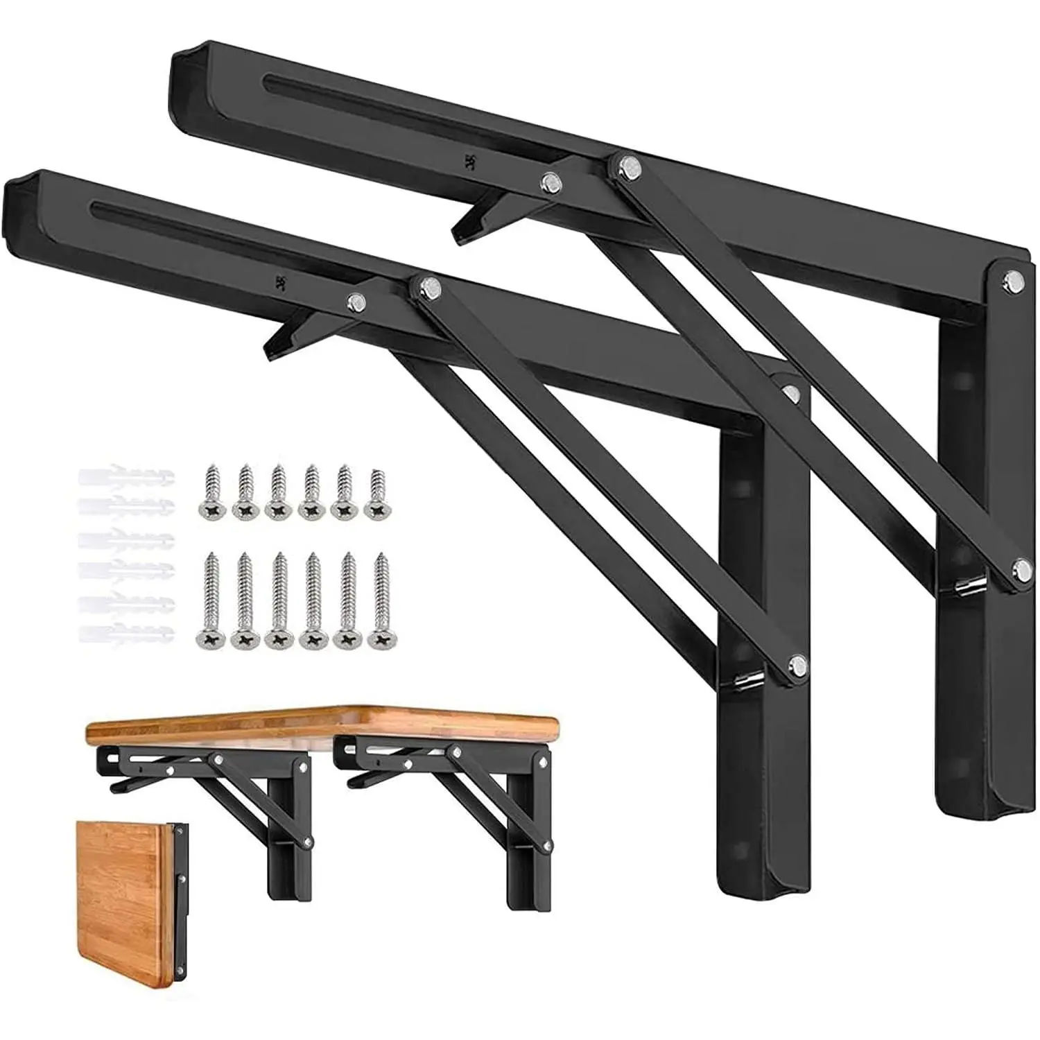 16 Inch 2 Pcs Heavy Duty Stainless Steel Folding Shelf Brackets, Collapsible Triangle Wall Mounted Hinge for DIY Folding Table Bench, Space Saving with Screws