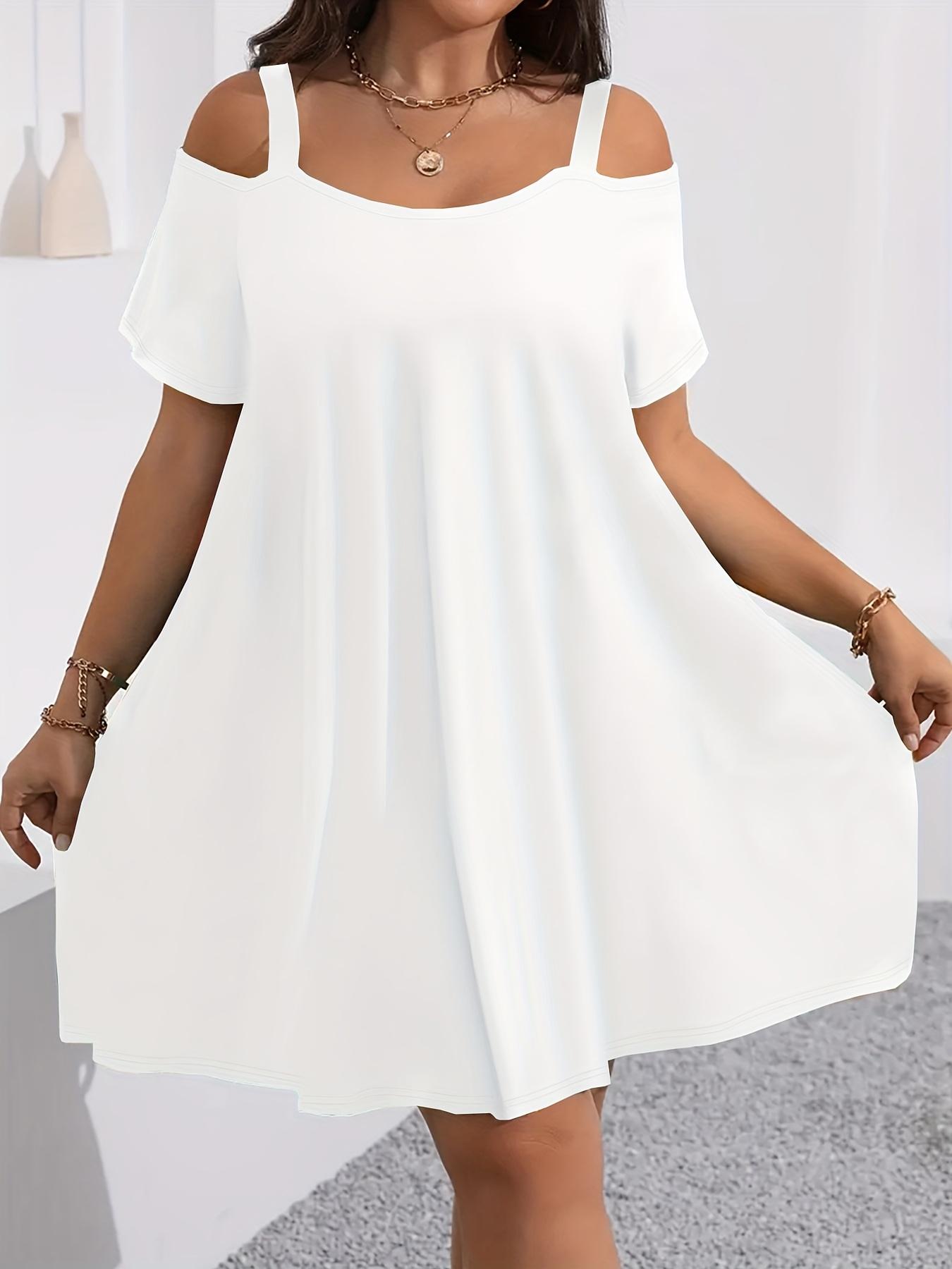 Plus Size Women's Round Neck Short Sleeve Shoulder Cut Out Fitted Casual Midi Dress, Comfortable Fabric, Perfect for Bridesmaids, Vacation, Travel