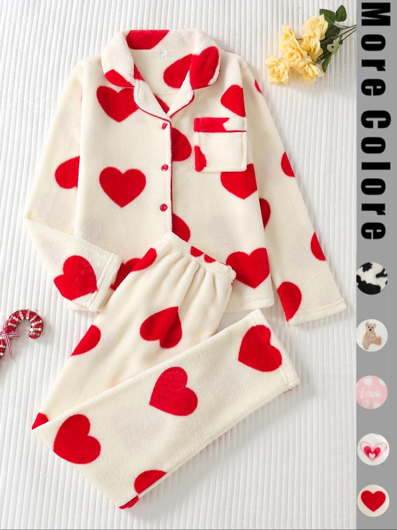 Two-piece Set Women's All Over Cartoon Bear Print Lapel Collar Top & Elastic Waist Pants Pajama Set, Long Sleeve Button Up Top & Pants Pj Set, Women's Sleepwear for Winter