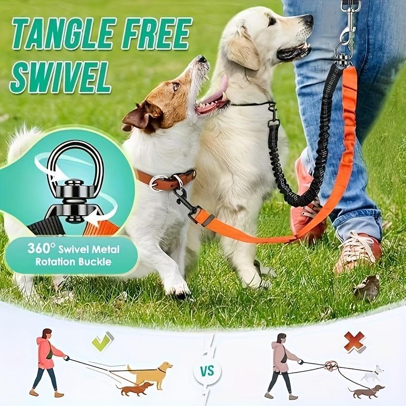 2-in-1 Dual Dog Walking Leash, Anti-Tangle Splitter with Shock Absorbing Elastic Bungee, Adjustable Crossbody Shoulder Strap, Dual Pet Training Lead for Two Dogs