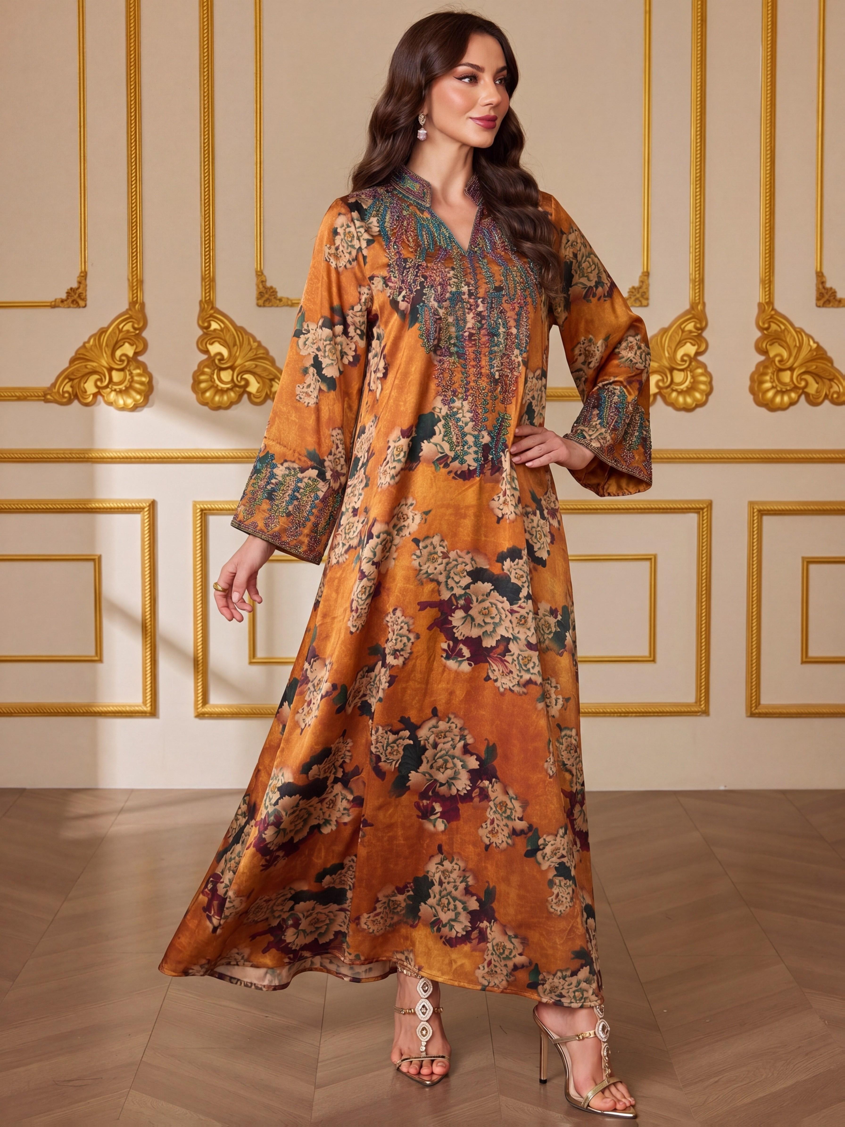 Middle Eastern Muslim Fashion Abaya, V-Neck Embroidered Ethnic Long Sleeve Islamic Embroidery Abaya Dress, Modest Style, All Seasons Fitted Glossy Fabric, 103375 Model