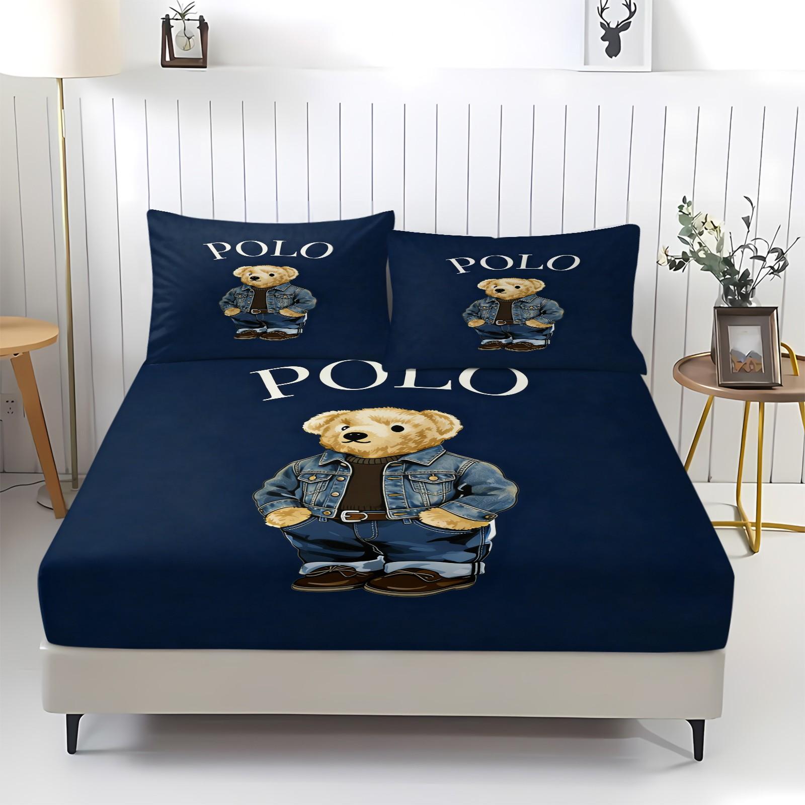 Teddy Bear Pattern Bed Sheet, Comfortable Printed Pattern, Includes 1 Bed Sheet and 2 Pillowcases, Comfortable Bedding, Non slip Dust Cover Suitable for Bedroom and Guest Room, Suitable as a Gift for Children or Adults