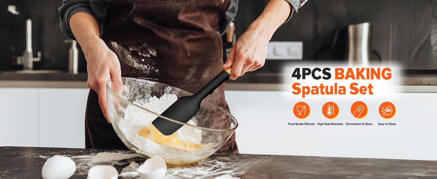 Silicone Spatula Spoon Set, Great for Mixing, Folding, Scraping, and Spreading, Sturdy BPA-Free Matte Silicone, Wooden Handle Rubber Spoonula for Nonstick Cookwares,4 Pack