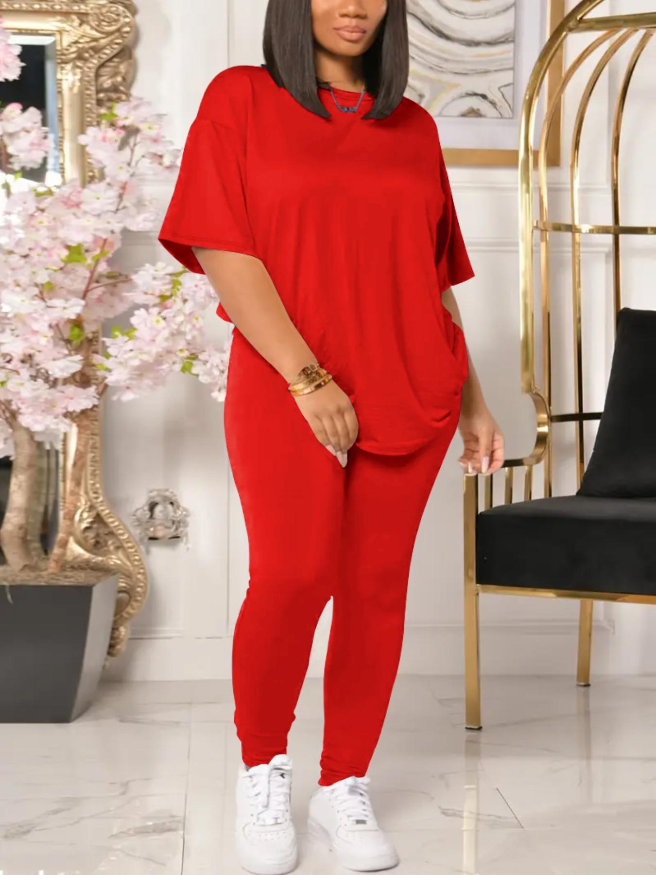 【Plus Size】 Solid Color Tee & Skinny Pants Two-Piece Set, Casual Matching Set, Casual Round Neck T-Shirt & Trousers for Daily Wear, Women's Two-Piece Set for All Seasons