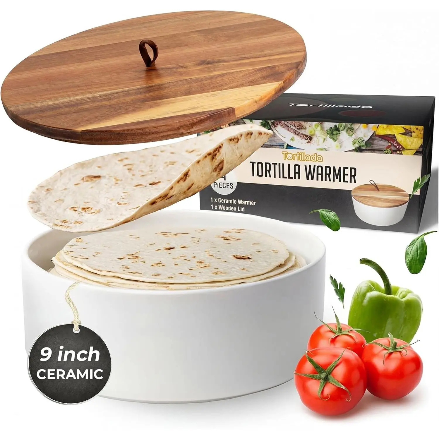 9 Inch Microwave-Safe Ceramic Tortilla Warmer with Lid Can Also Be Used as Bread and Pancake Warmer Holder