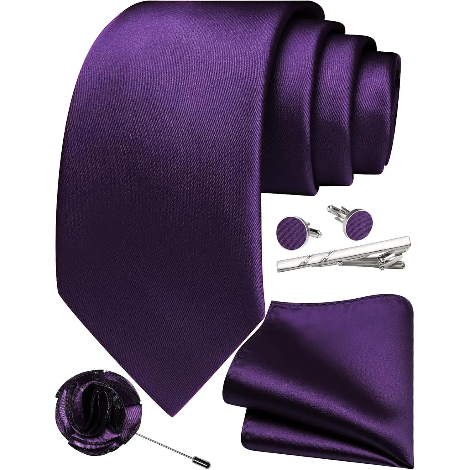 Solid Color Ties for Men Silk Satin Necktie and Pocket Square Cufflinks Tie Clip Lapel Pin Set Wedding Business 5PCS