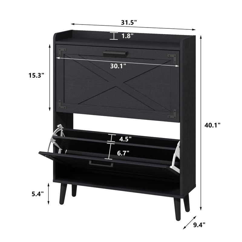 Farmhouse Shoe Storage Cabinet with 2-4 Flip Drawers & Barn Door Design - Freestanding Slim Narrow Shoe Organizer for Entryway, Foyer & Hallway