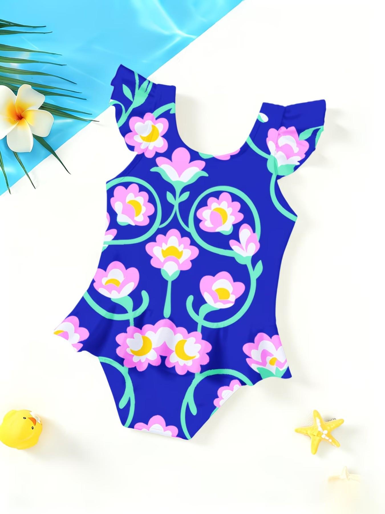 Floral Print Girls' Jumpsuit, Cute Cartoon Design, Ruffled Quick-Dry Swimwear, Fashionable Beach Party, Slim-Fit Style
