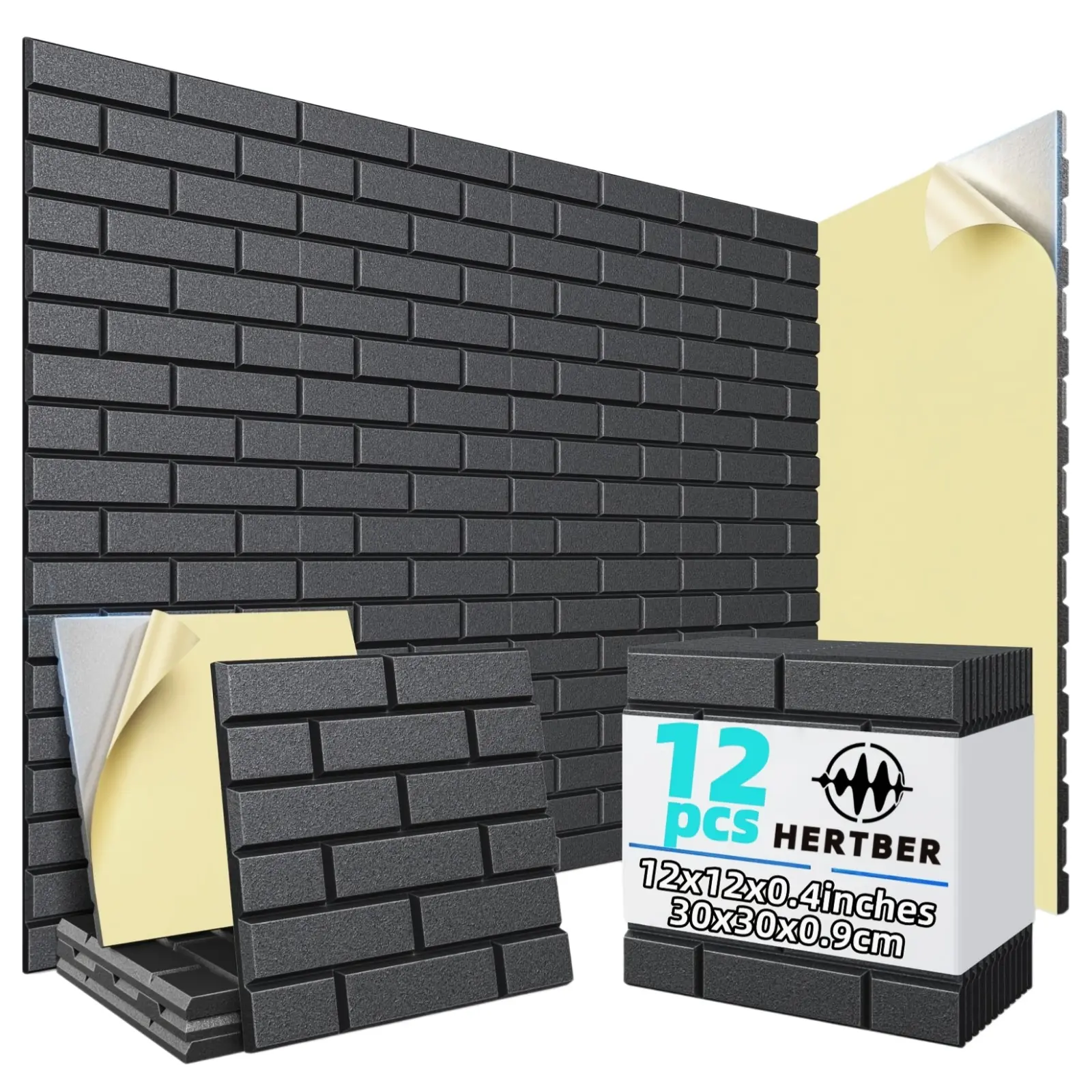 12Pcs Self‑Adhesive Black 3D Brick Pattern Felt Wall Panels 30×30×0.9cm, Wall Stickers for Music Studio, Meeting Room, Kindergarten, TV Background Wall, Message Display Board, Wall & Ceiling Application