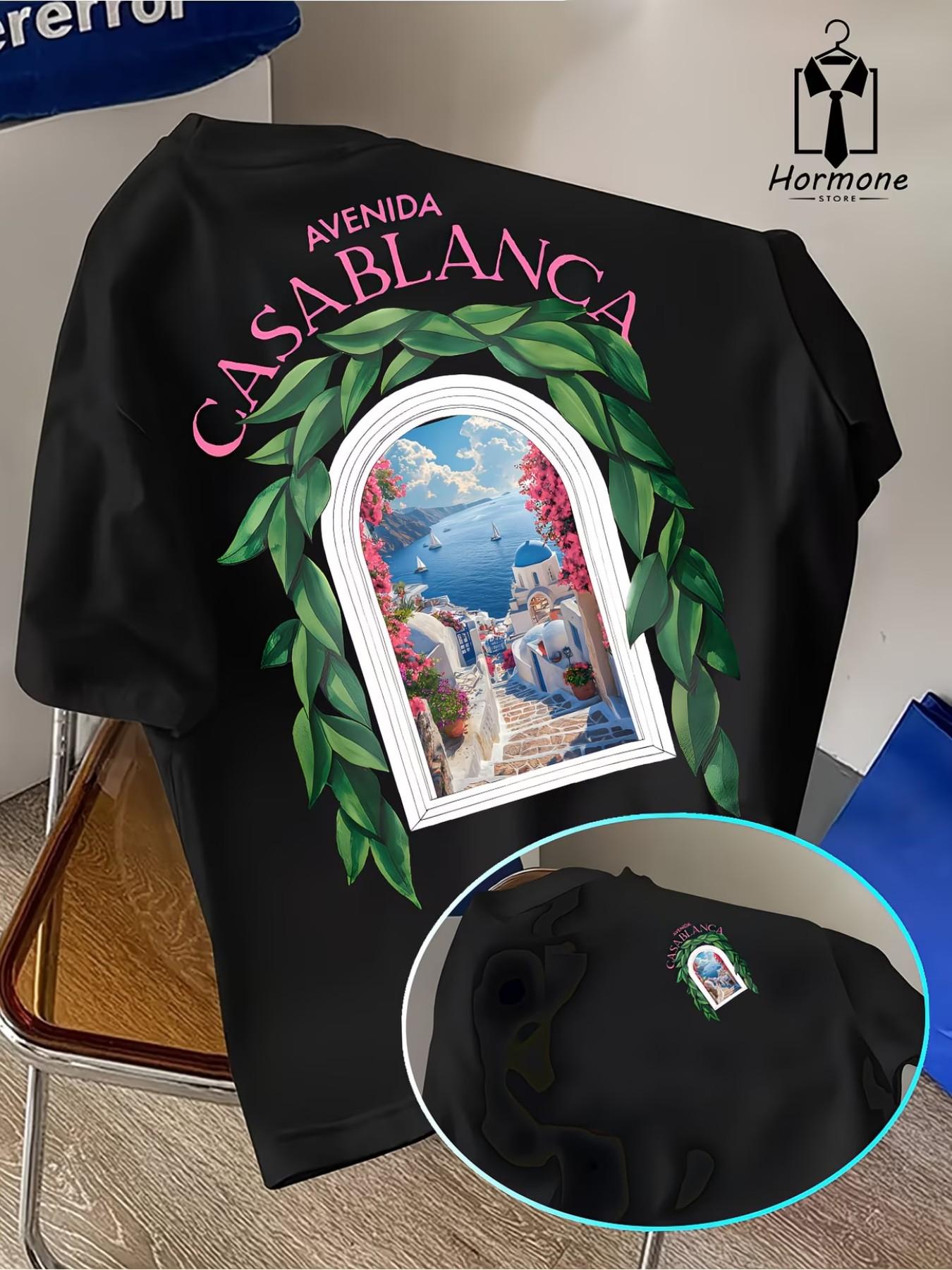 Men's Short Sleeve T-Shirt, Loose Fit Casual Round Neck Summer Top, Avenida Casablanca Pattern, Breathable Polyester