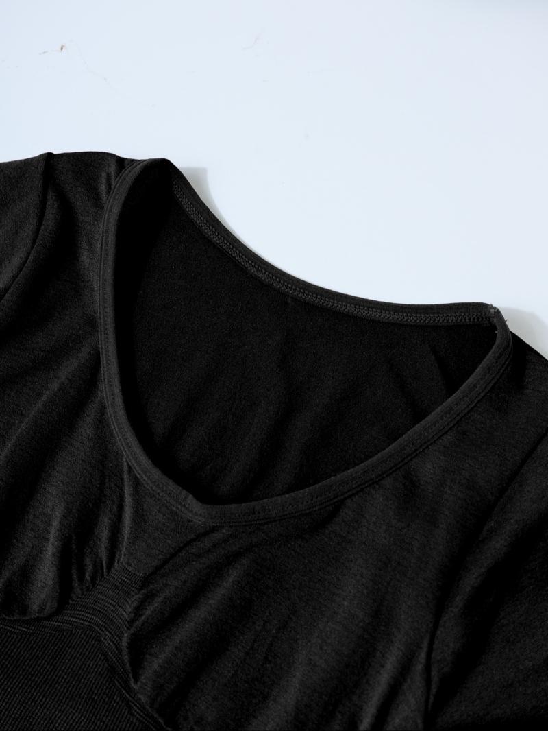 Women's Ribbed Abdomen Control Bodysuit, Long Sleeve Seamless T-Shirt, Comfortable Scoop Neck Bodysuit Stretchy Basic Tops, Fit Soft Elastic Fabric, Perfect for Daily Wear and Going Out, Shapewear for Fall&Winter