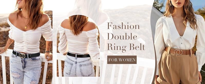 JASGOOD Women Leather Belt Fashion Soft  Faux Leather Waist Belts For Jeans Dress with Double O-Ring Buckle Halloween