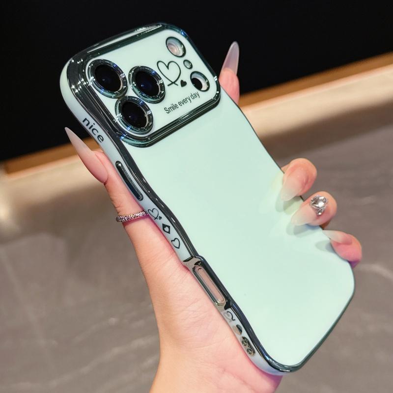for iPhone 17 Pro Max 16 15 14 13 12 Case for Women Girls, Cute Wave Frame Curly Shape with Love Heart Pattern Raised Camera Protection Cover Luxury Plating Shockproof Phone Case