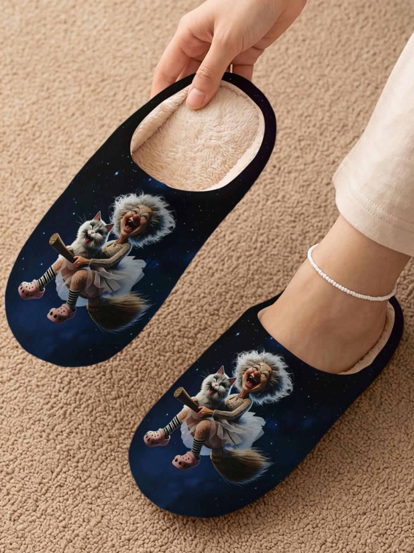 Women's Halloween Plush House Slippers, Cute Pet Prints, Fall Winter Non-Slip Warm Indoor Shoes, Casual Fabric Upper