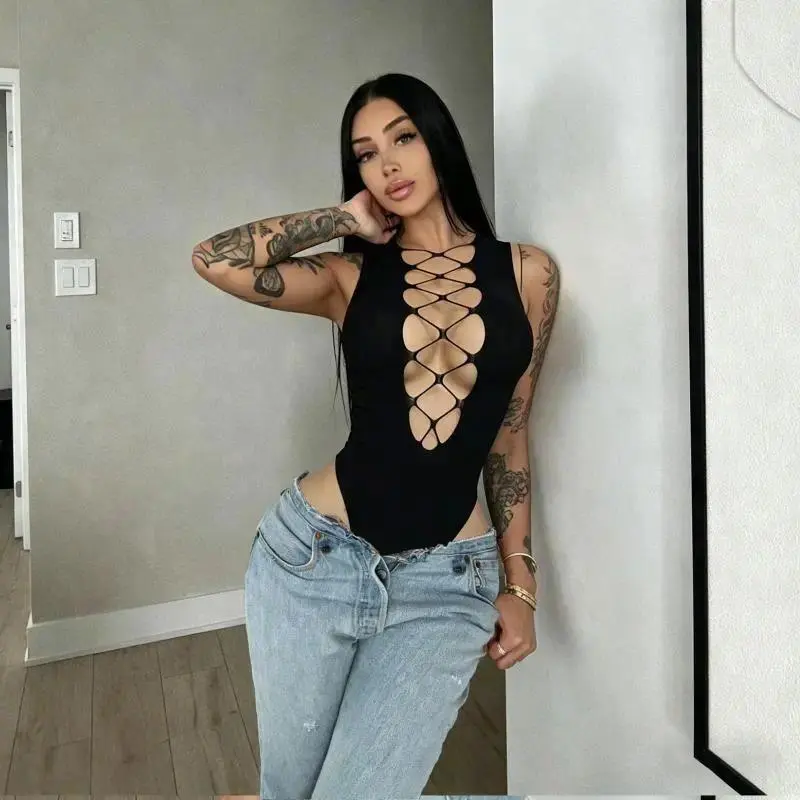 Women's Sleeveless High Neck Bodysuit, Solid Color Hollow Out Slim-Fit Going Out Clubbing Top Clothes