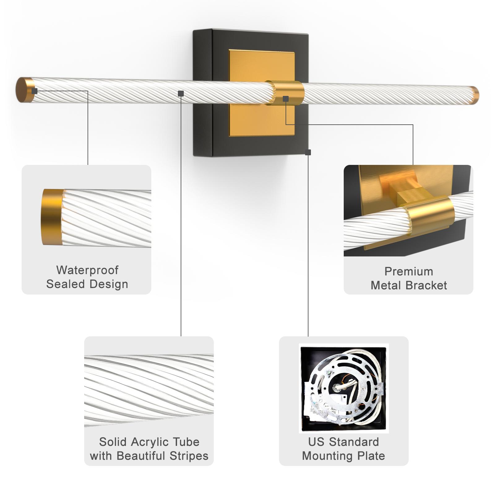 GLITGATE LED Vanity Light, 22 inch/30inch/38inch Dimmable Black and Gold Bathroom Fixture Mirror, 13 Watt/15Watt/20Watt 6000K Modern Linear Bathroom Vanity Light, 360 Degree Wall Sconce (White),Halloween, Black Friday, Christmas