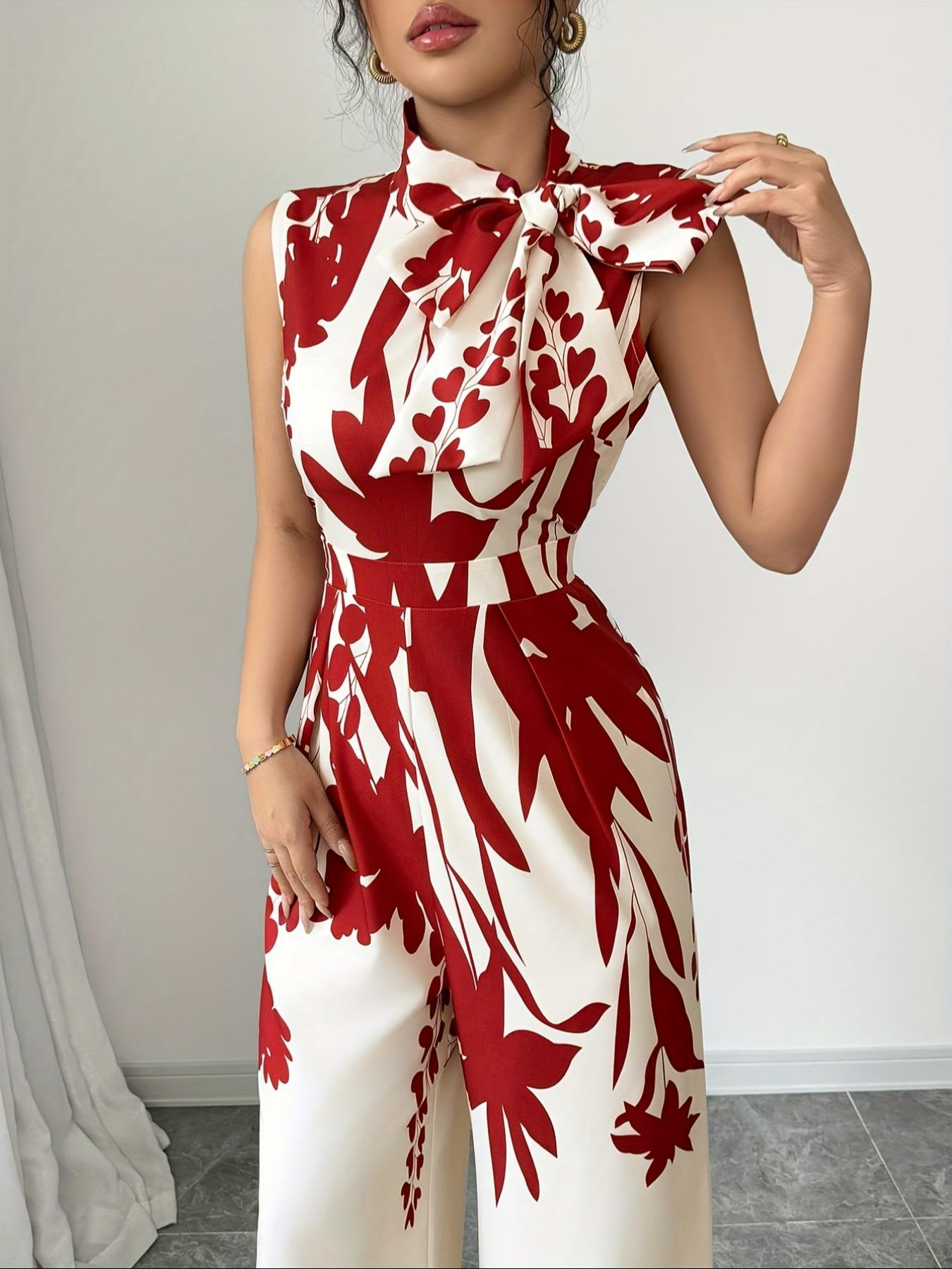 Elegant Women's Floral Print Jumpsuit, Bow Detail, High Neck Sleeveless Wide Leg, Fashion Design, All Seasons Wear, Casual Fashion Jumpsuit