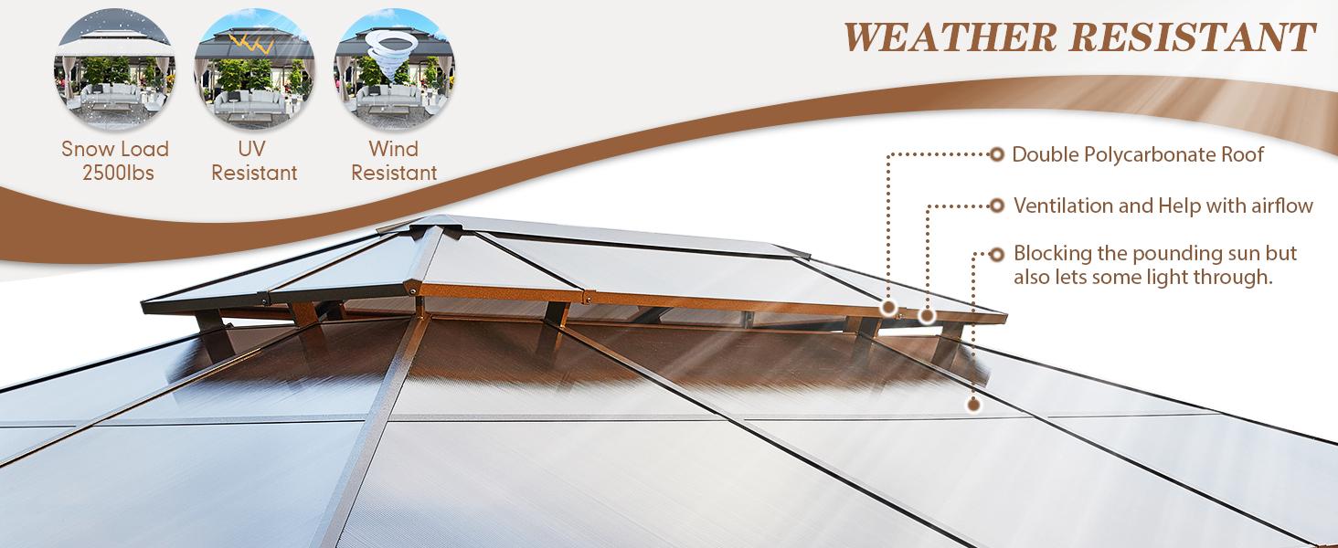 EROMMY Hardtop Gazebo, Outdoor Polycarbonate Double Roof Canopy, Aluminum Frame Permanent Pavilion with Curtains and Netting, Sunshade for Garden, Patio, Lawns