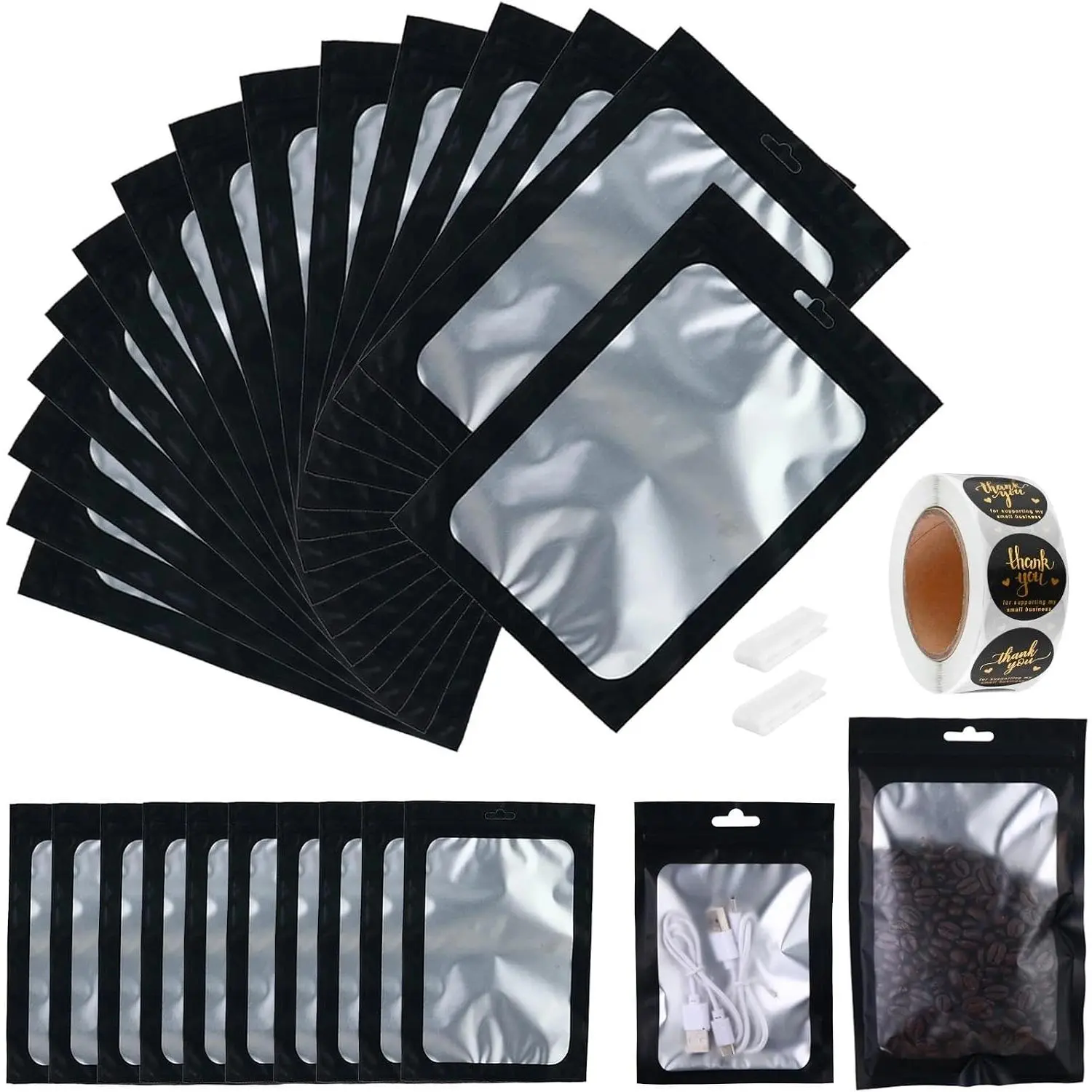 300-pack 5" x 8" Small Mylar Bags with Clear Window Resealable Foil Pouches for  Storage Smell Proof Edible Packaging Bags Bulk for  and Small Business, Matte Black