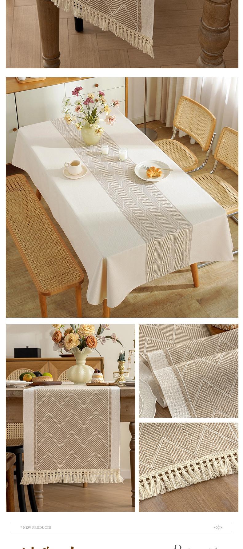 Nordic Style Waterproof Cotton Linen Table Runner, Jacquard Pattern with Tassel Trim, Dining Table Decor