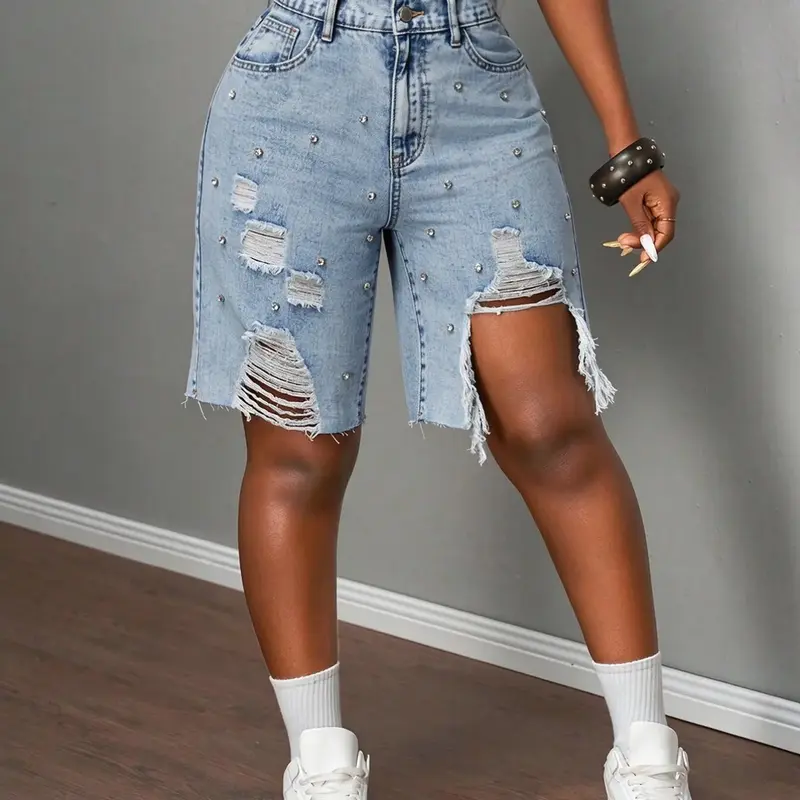 Women's New Fashion Light Wash Denim Shorts, Casual Fitted Rhinestone Decor Button Fly Jorts, Multiple Colors Available, Ripped Design, Trendy Women's Washed Shorts, Fashion Pocket Shorts, Casual Fashionable Shorts