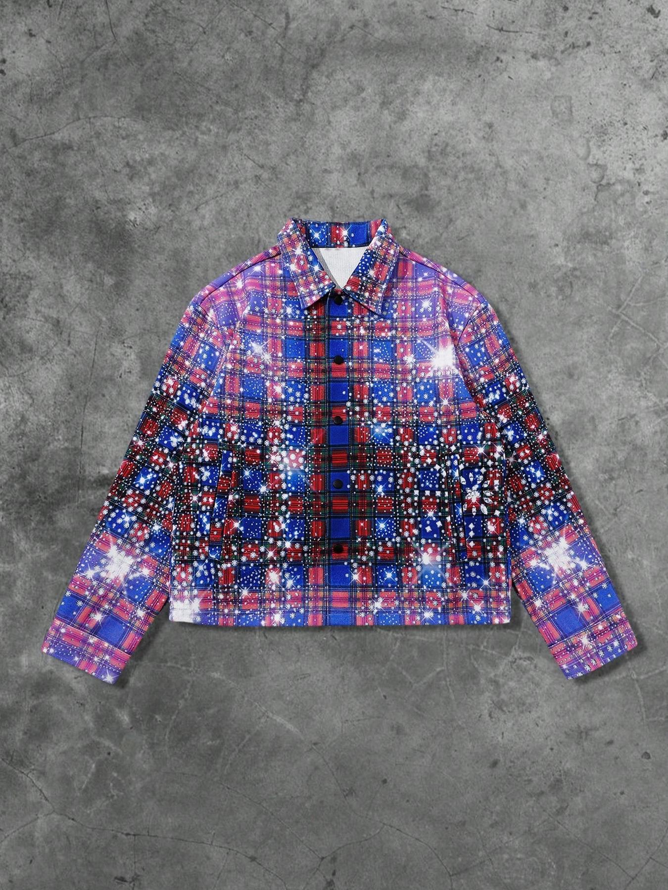Men's Woolen Coat Jackets Autumn Winter Design Gradient Grid Pattern, Rhinestone Effect, Elastic Fit, Perfect for Outdoor Activities