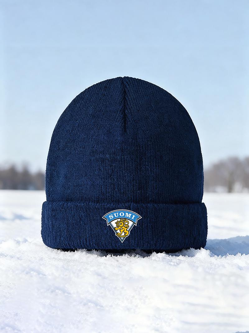 Winter Warm Knit Beanie Hat with Finnish Lion Emblem Print for Outdoor Sports Activities and Casual Wear Designed for Adults Winter Season Cold Weather Protection for Holiday Gifts Christmas and New Year Celebrations Winter Accessories