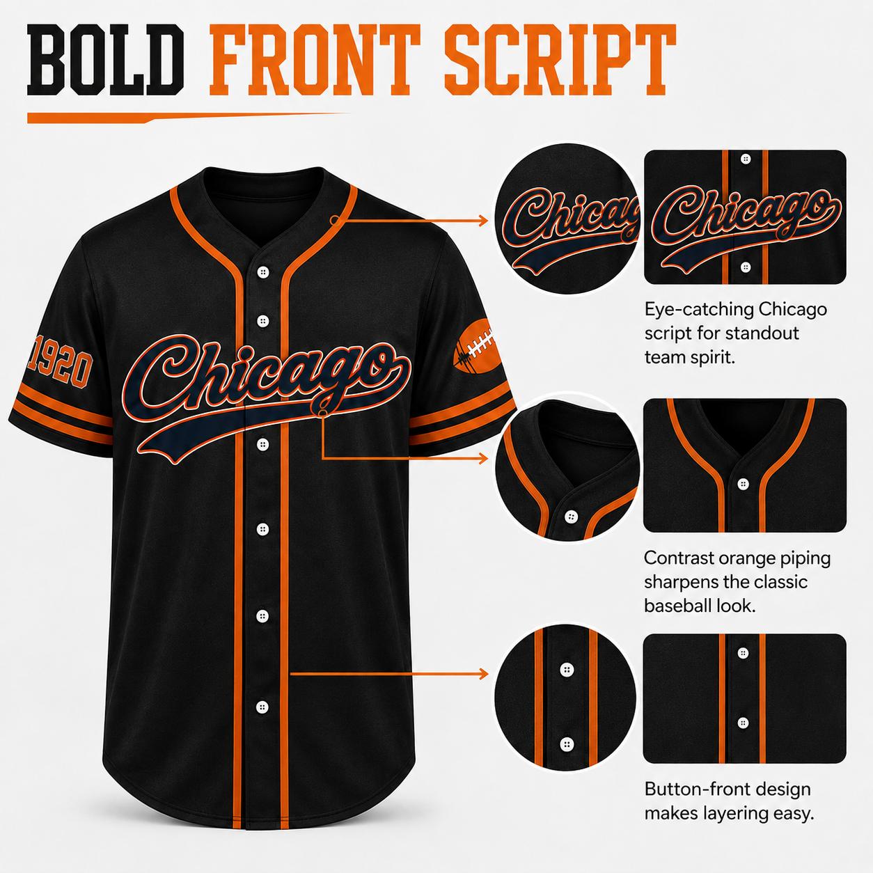 Unisex Regular Fit Button Front Football Team Baseball Jersey, Short Sleeve Game Wear Game Day Top for Football Lovers, Black/Orange/Navy Sport Casual Everyday Outfit - Multiple Colors Available