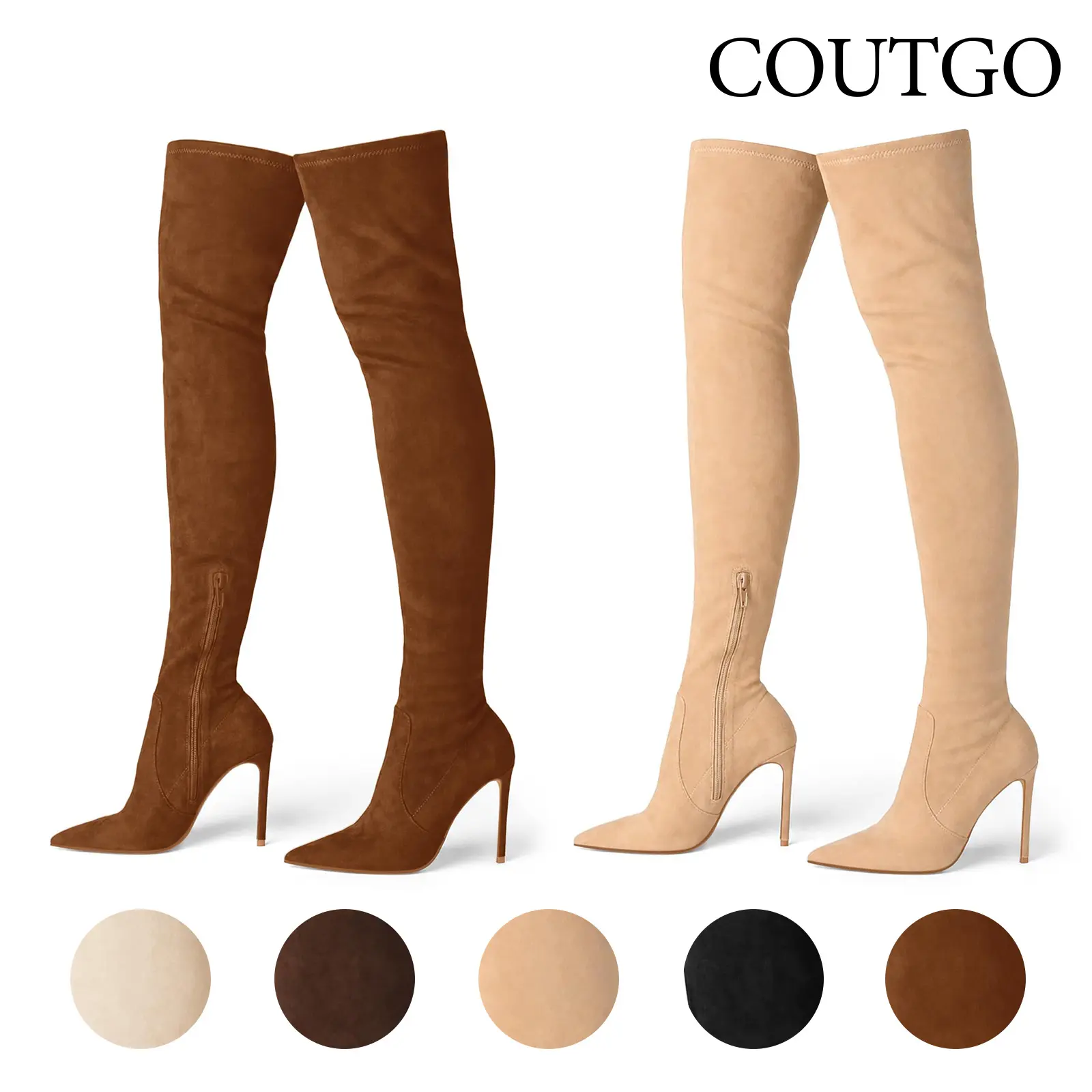 Coutgo Women's Suede Pointed Toe Stiletto Boot Heels, Over-The-Knee Thigh High, Side Zipper, Rubber Sole, Minimalist Plain Design, Fall Winter Casual Wear & Dress Party Boots