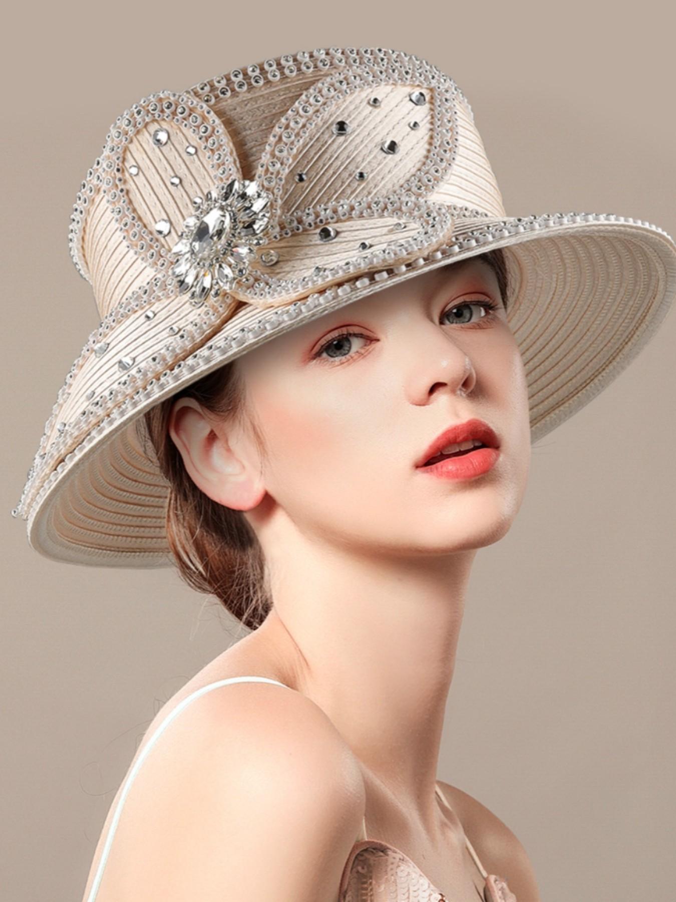 Elegant Women's Church Hat, Vintage Satin Rhinestone Bridal Hat, Party Tea Derby Hat, Sun Protection Wide Brim Hat, Sunday Church Hat