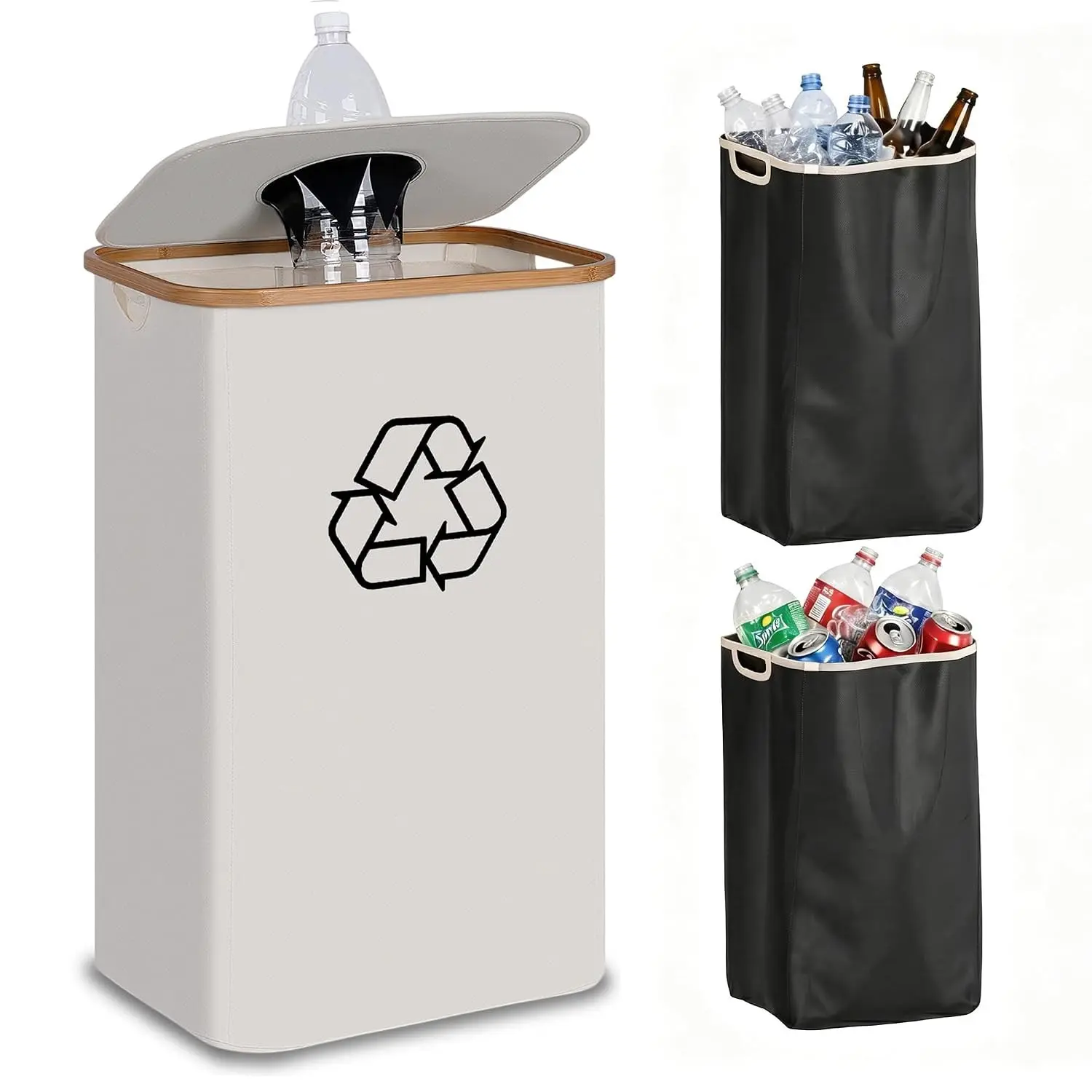 Recycling Bin 100L, 26 Gallon Recycle Bins for Kitchen Indoor Outdoor Home with 2 Removeable and Reusable Inner Bag, Tall Recycle bin for Bottle Can Plastice Stickers (Beige)