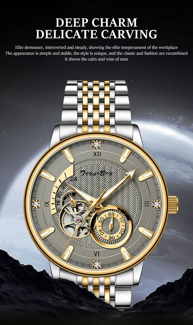 TINAIBIN Men's Diamond Business Formal Pointer Automatic Mechanical Watch Stainless Steel Waterproof Luminous Two-color Luxury Casual Watch