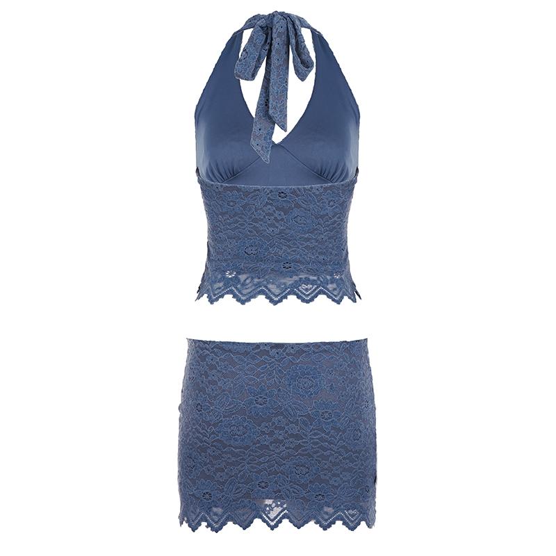 Lace Halter Top and Half Skirt Set, Matching Outfits, Sleeveless Backless Sexy Y2K Street Fashion, Spring Summer Vacation Beach for Women, Womenswear