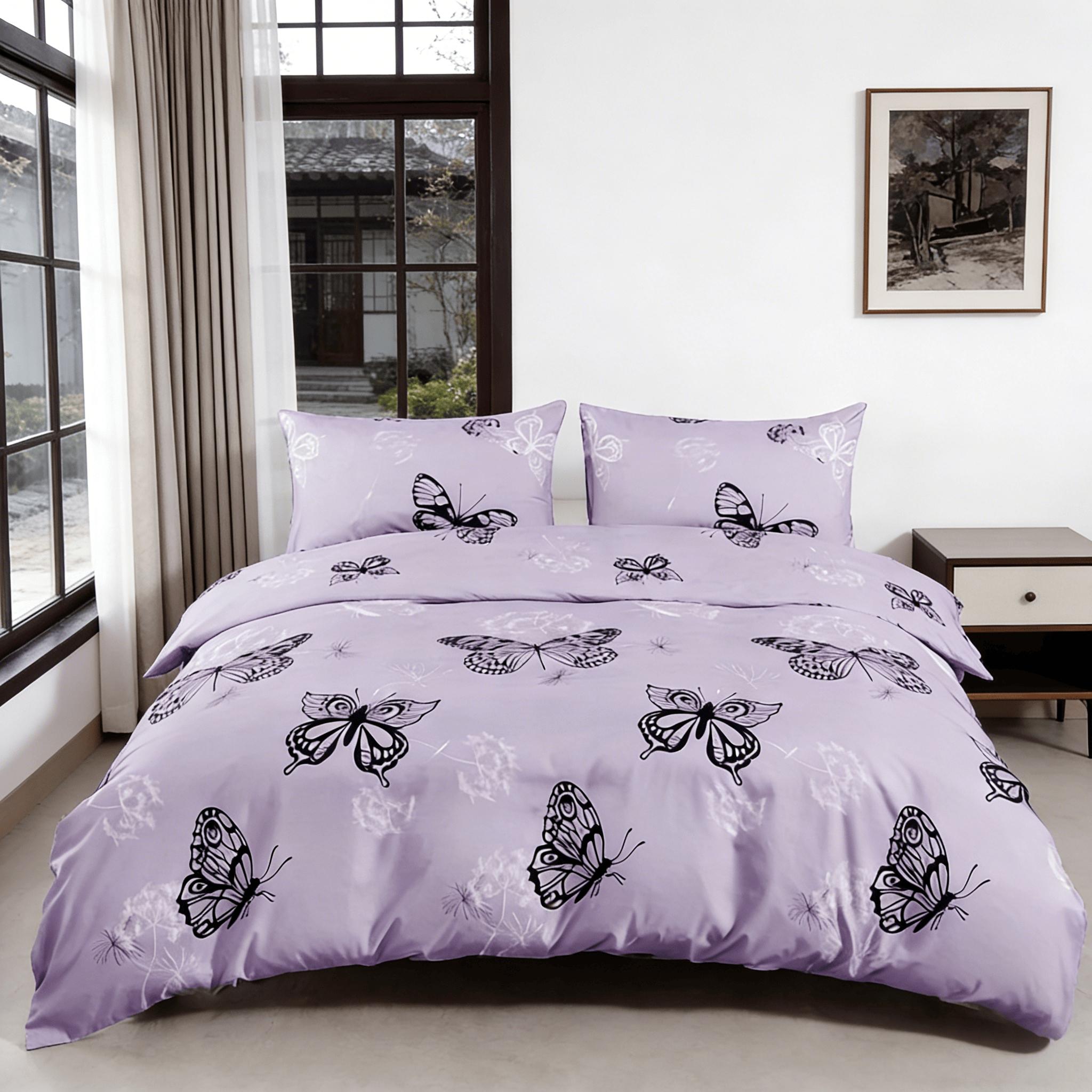 3-Piece Purple Butterfly Bedding Set.Soft, comfortable and breathable, suitable for bedrooms, guest rooms and school dormitories.Includes 1 duvet cover and 2 pillowcases (without filling).
