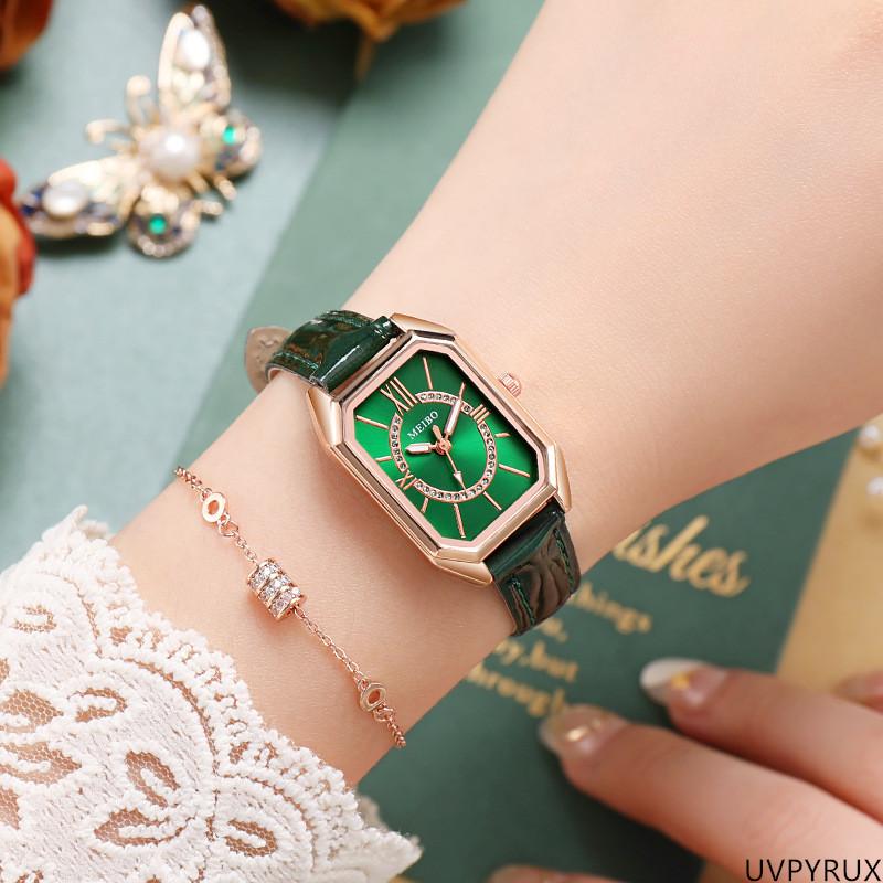 2026 Retro Square Women's Watch | Green & Red Leather Strap, Vintage Style