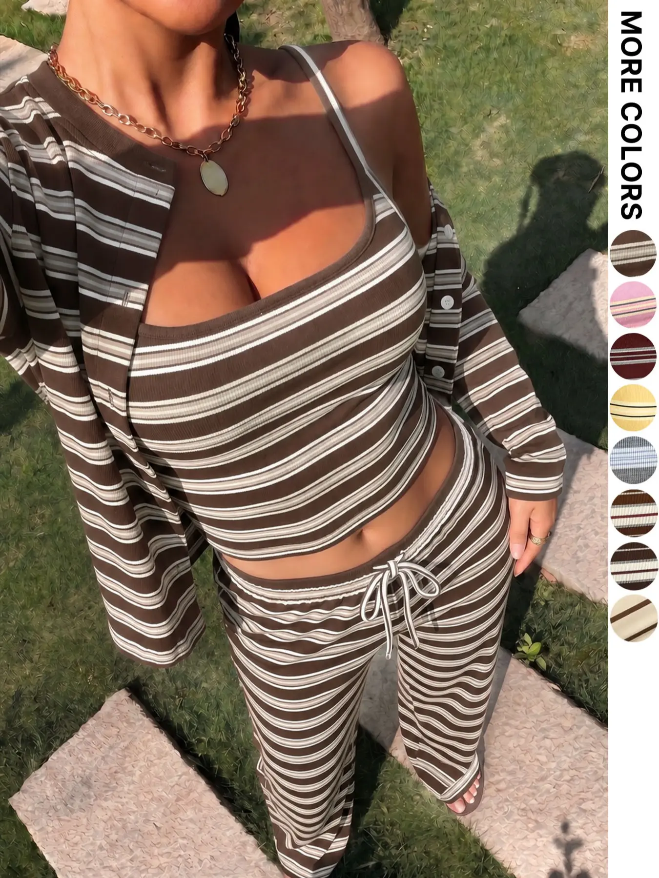 【Black Friday】Women's Striped Three-Piece Set, Casual Cami Top & Outerwear & Wide-Leg Pants, Y2K Style Loungewear, Street Style Women's Outfit for Vacations