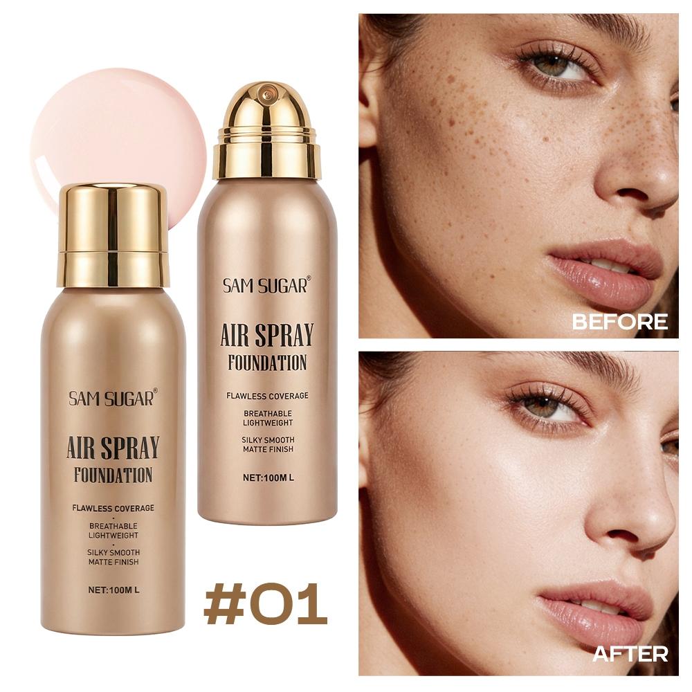 Sam Sugar Spray Foundation Liquid, Waterproof Skin-Friendly Long-Lasting Natural Lightweight Breathable Flawless Coverage Silky Smooth Matte Finish, Makeup Base