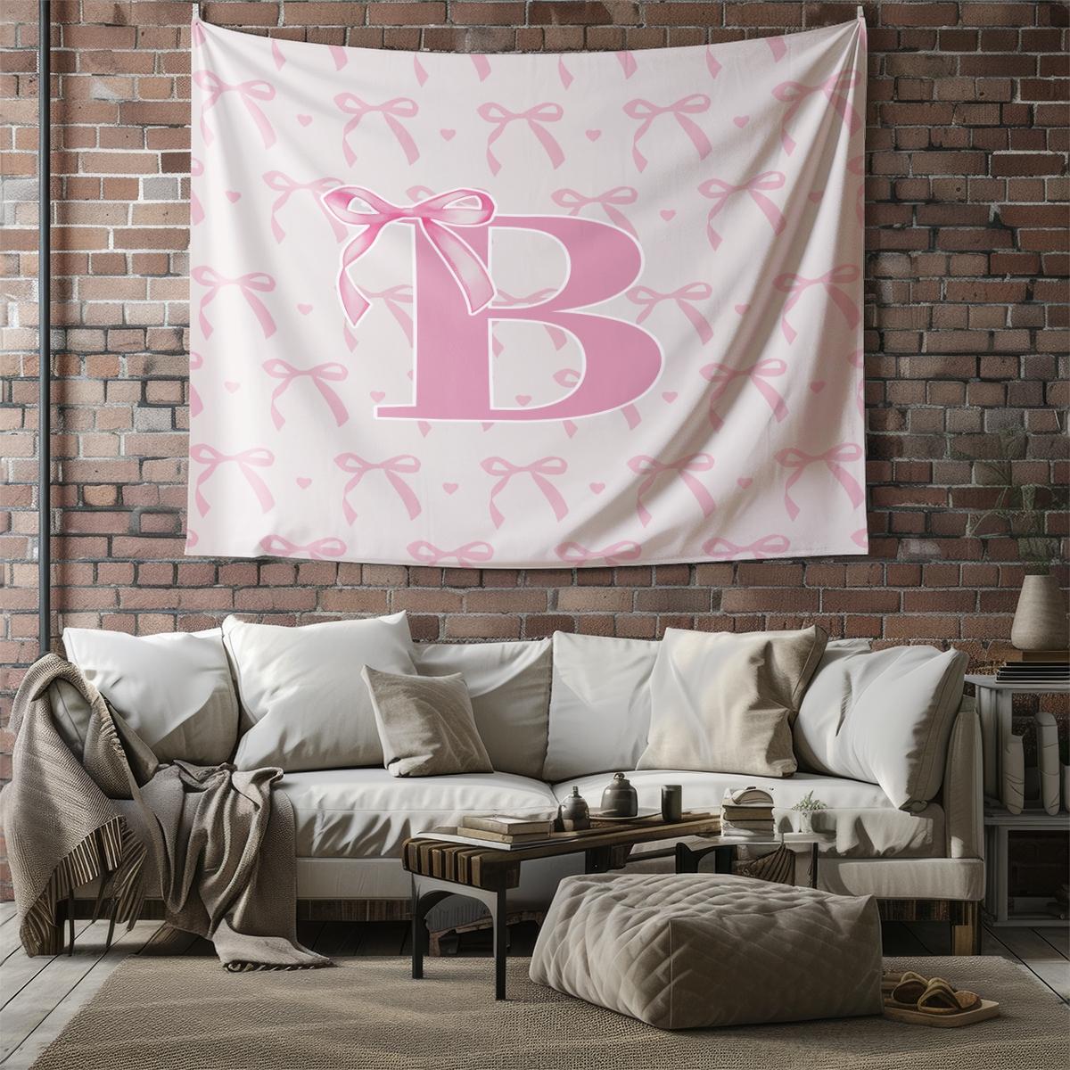 Pink Bow Heart Wall Tapestry, Custom Initial Sweet Print, Soft Decorative, Ideal for Girls Bedroom Living Room Wall Decor