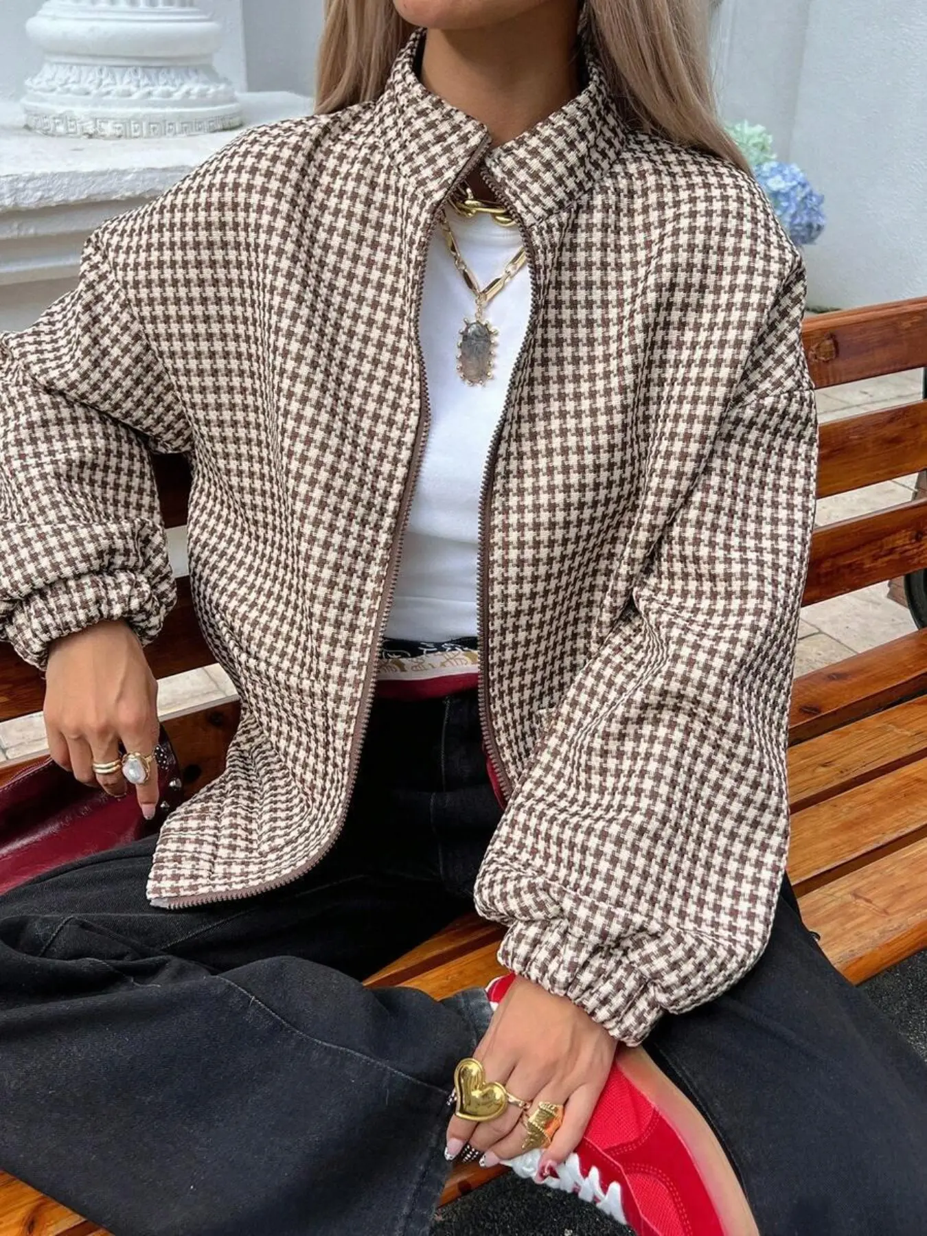 Women's Plaid Fleece Lined Zipper Jacket, Loose-Fit Stand Collar Coat, Warm Winter Outerwear, Plaid Pattern Outerwear, Long Sleeve All over Print