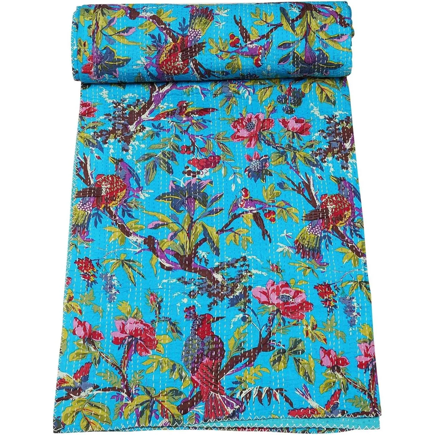 Indian Handmade Stitched Pure Cotton Bohemian Bird Print Kantha Quilt (Sky, Twin (60"x 90"))