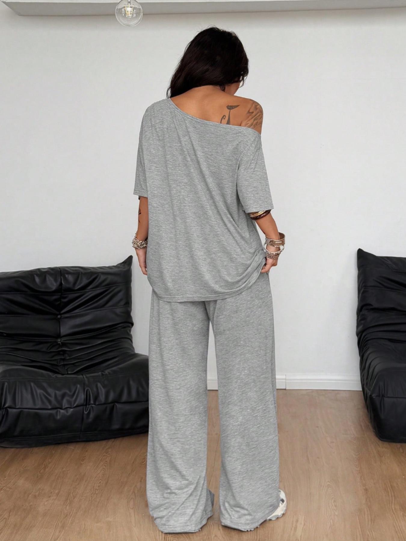 2pcs/Set Women's Minimalist Basic Daily Wear Casual Going Out Sport Comfortable Off Shoulder T-Shirt And Wide Leg Pants Two Pieces Outfits