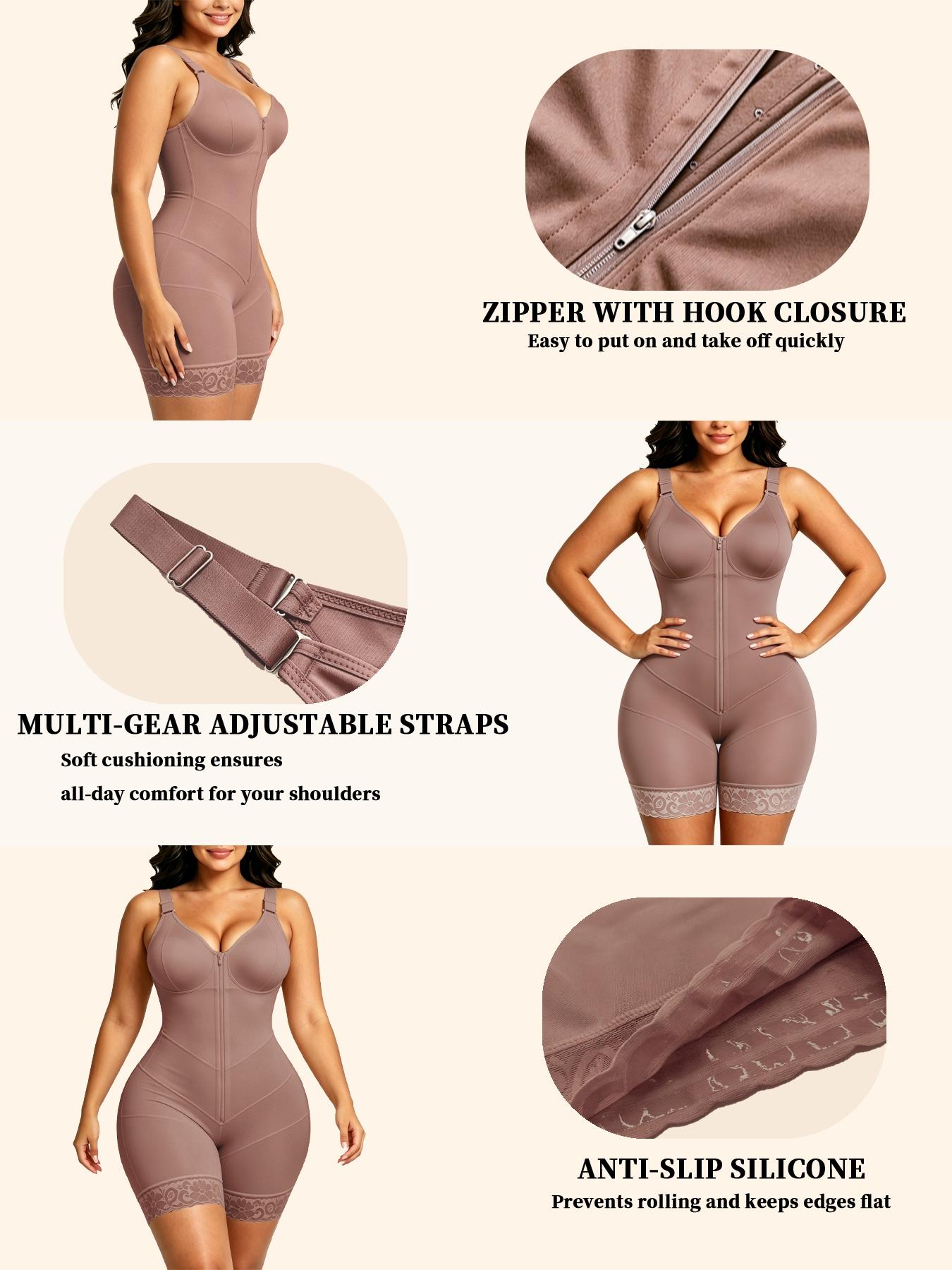 2pc Women's Underwear, Full Body Compression Shapewear Bodysuit, Front Zipper, Firm Tummy Control, Butt Lifter, Waist Trainer, Adjustable Straps