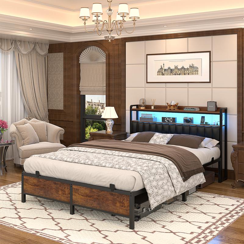 Homieasy Bed Frame with Charging Station and LED Lights, Adjustable Upholstered Headboard, Steel Slat Support, No Box Spring Needed, Rustic Brown king bed Unique Bedroom Furniture Homieasy Bed Frame with Charging Station and LED Lights, Adjustable Upholstered Headboard, Steel Slat Support, No Box Spring Needed, Rustic Brown king bed Unique Bedroom Furniture